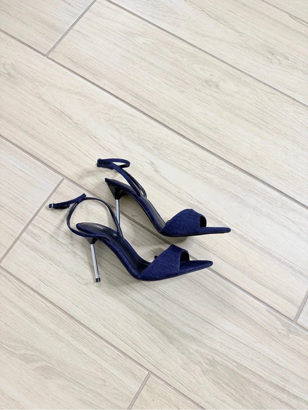 ZARA Denim High Heel Sandals Stiletto Silver Strappy Ankle Strap NWOT 39 Y2K
